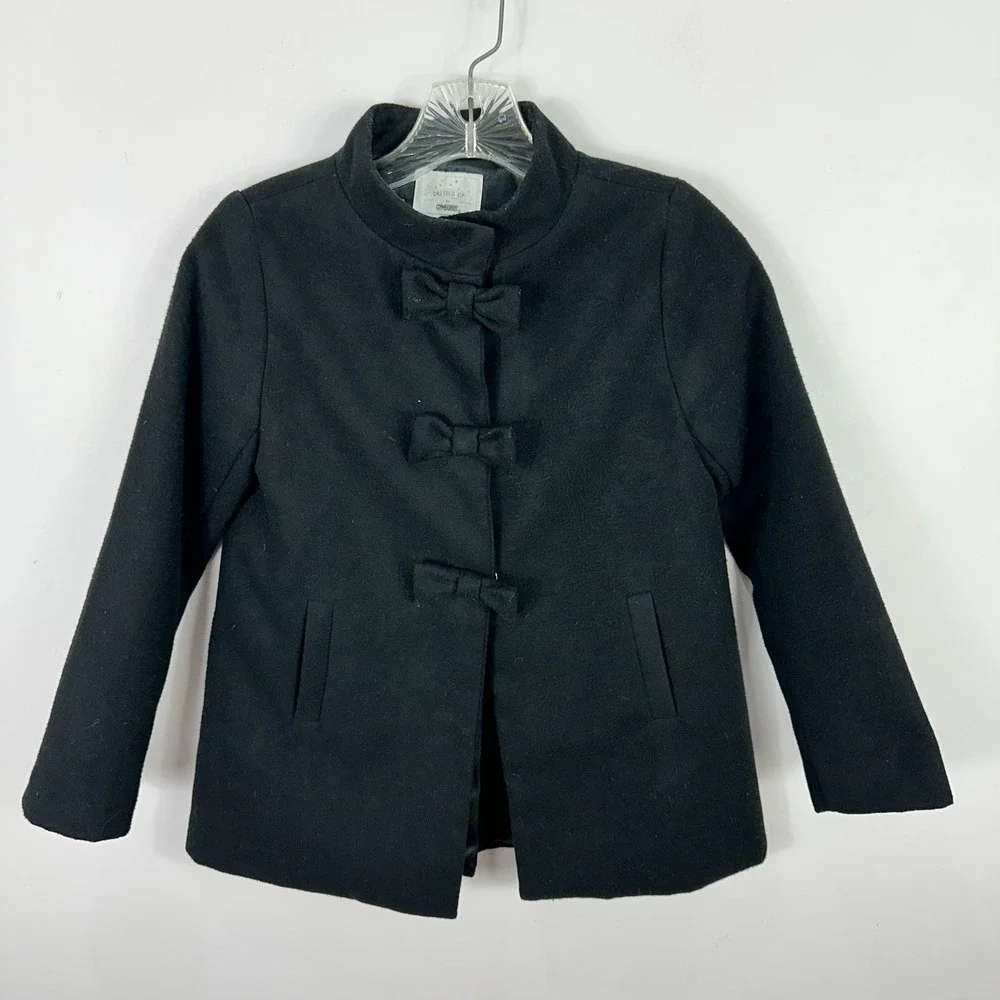 Gymboree Girls Black Bow Front Snap Dress Coat M Preppy Formal Princess Holiday‎